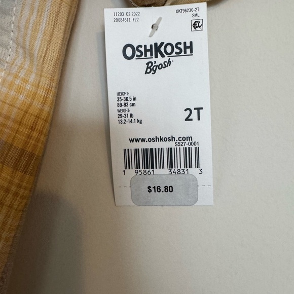 OshKosh B'gosh Yellow and White Plaid Button Down Shirt Size 2T 100% Cotton - Picture 5 of 6
